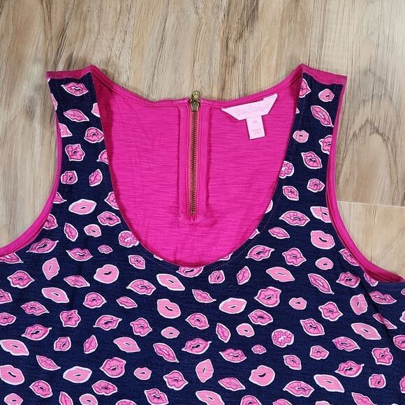 🔸️Lilly Pulitzer Blue & Pink Hart Lips Sleeveless Top Small - Picture 4 of 12